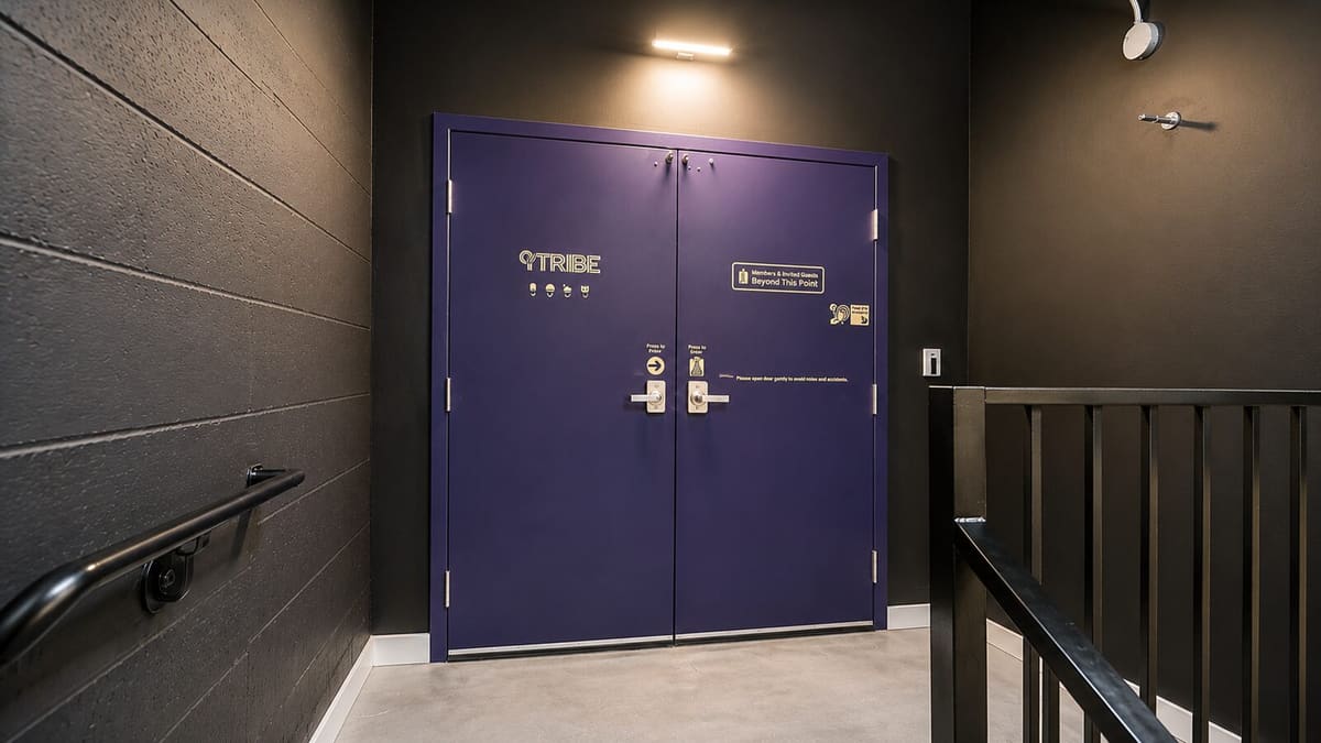 Purple double doors with a keypad lock at the top of a dark stairwell with a black railing