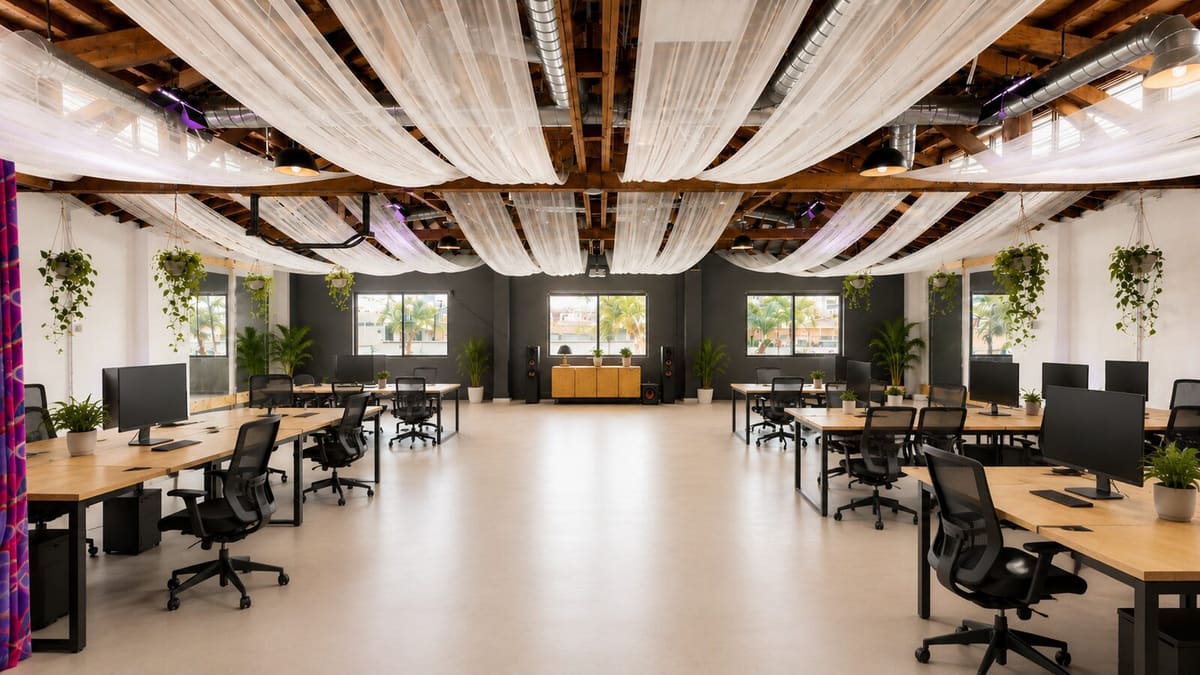 Illustration of the third floor furnished as an open-plan office with rows of desks and monitors